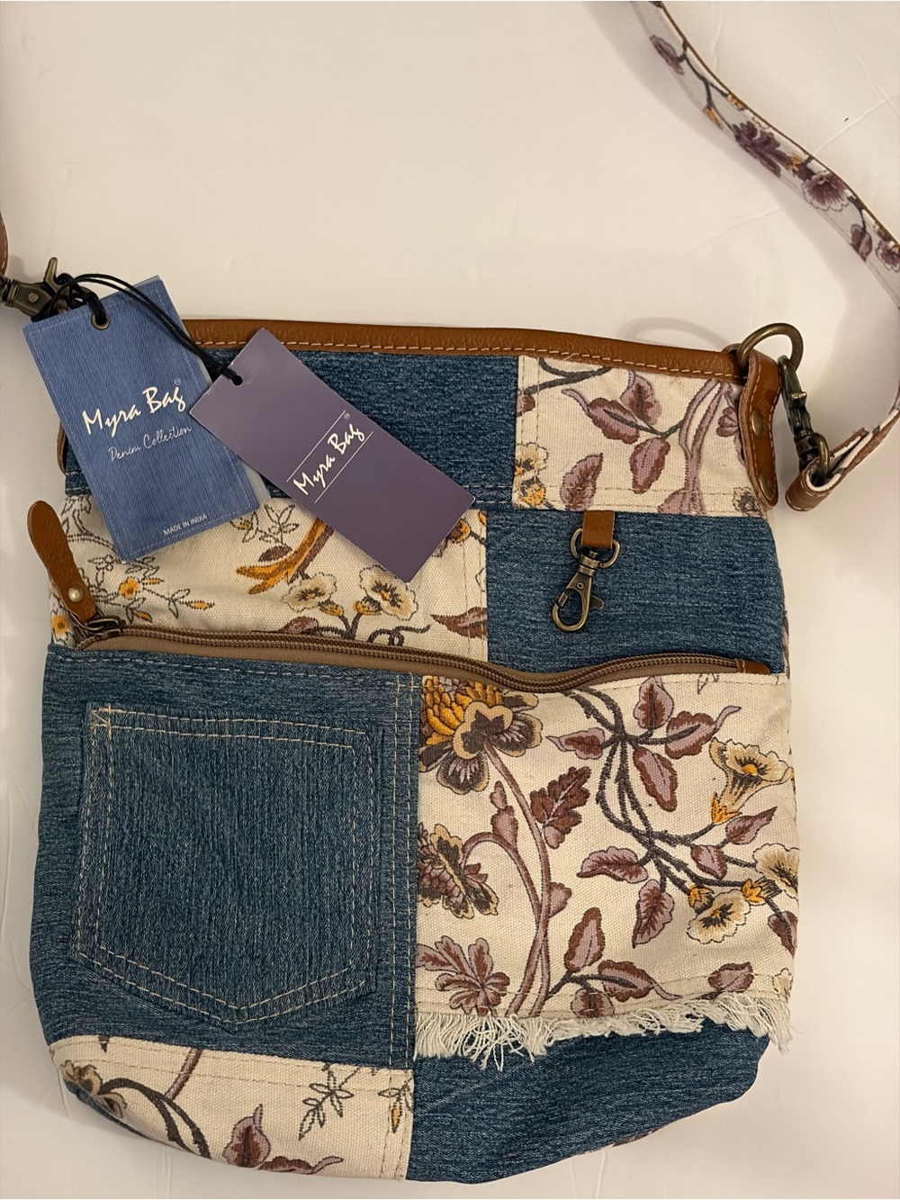 Myra Bag Patchwork Floral Shoulder Bag in Blue and Cream with Brown Trim